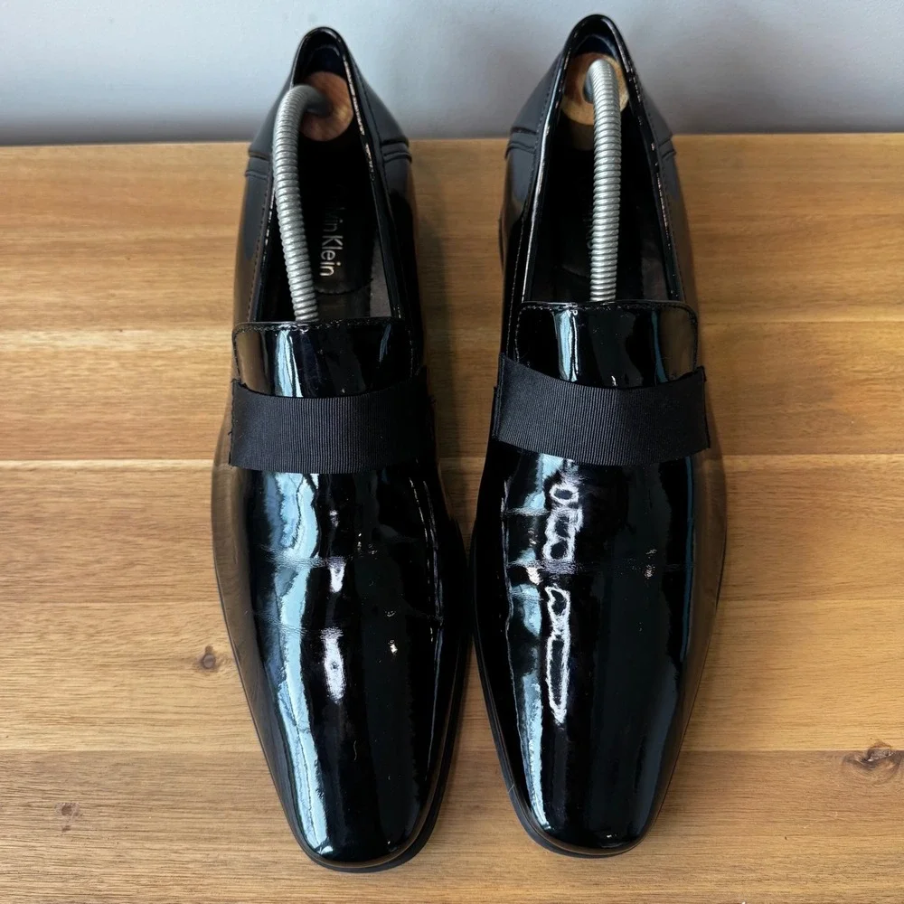 Calvin Klein Bernard Men 10 Black Patent Leather Formal Loafers Shoes 34F1511